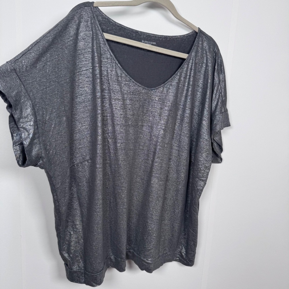 Eileen Fisher Metallic 100% Linen Top Women 2X Silver Boxy Fit Lagenlook Minimal